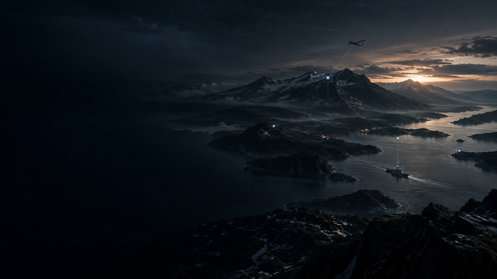 Operational environment at dusk: mountains, coastline, a drone and a vessel linked by mission nodes